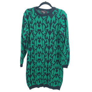 Vintage 80's Sweater Dress Women Small Green Black Geometric Print Short Acrylic